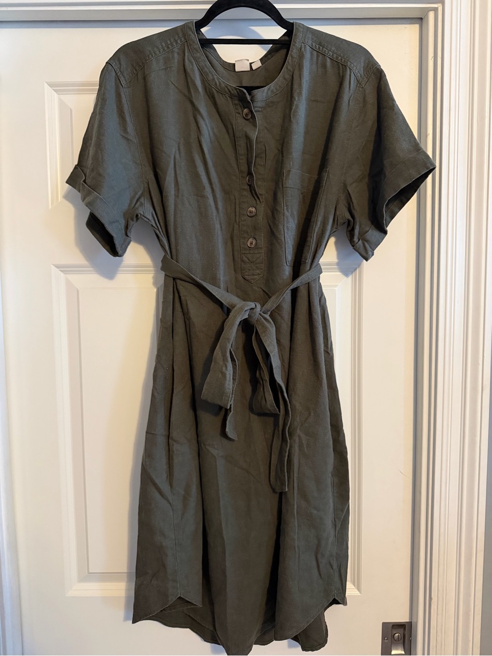 GAP Olive Tie-Waist Linen Midi Dress